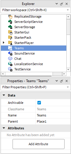 Teams folder di Roblox Studio Explorer